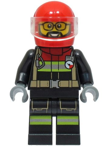 LEGO® Minifigurák cty1567 - Fire - Male, Black Jacket and Legs with Reflective Stripes and Red Collar, Red Helmet, Trans-Clear V
