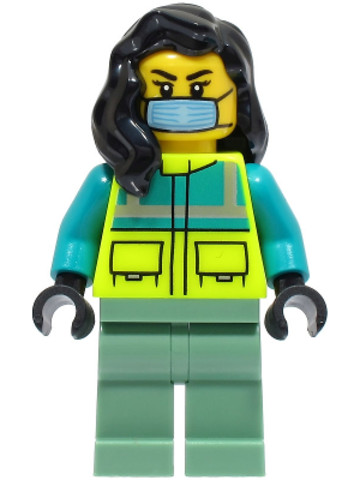 LEGO® Minifigurák cty1569 - Ambulance Driver - Female, Dark Turquoise and Neon Yellow Safety Vest, Sand Green Legs, Black Hair, 