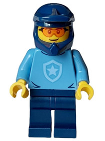 Police - City Officer, Medium Blue Shirt with Badge, Dark Blue Legs, Dark Blue Dirt Bike Helmet, Ora
