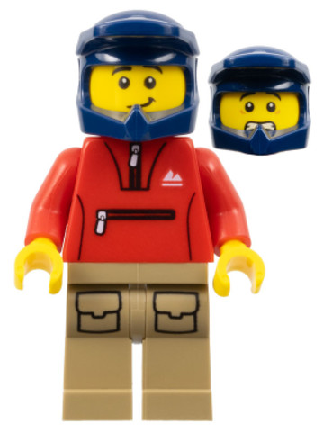 LEGO® Minifigurák cty1571 - Mountain Bike Cyclist - Male, Red Tracksuit, Dark Tan Legs with Pockets, Dark Blue Dirt Bike Helmet,
