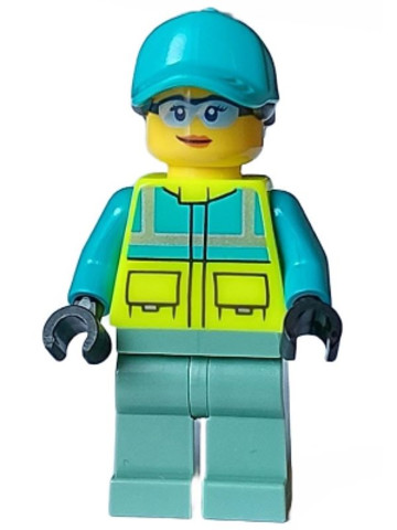 LEGO® Minifigurák cty1573 - Paramedic - Female, Dark Turquoise and Neon Yellow Safety Vest, Sand Green Legs, Dark Turquoise Ball