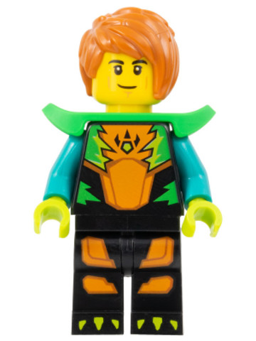 LEGO® Minifigurák cty1575 - Stuntz Driver - Male, Black Jumpsuit with Orange Trim and Dark Turquoise Arms, Bright Green Shoulder