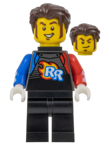 LEGO® Minifigurák cty1578 - Rocket Racer - Stuntz Driver, Black Jumpsuit with Blue and Red Arms, Dark Brown Hair