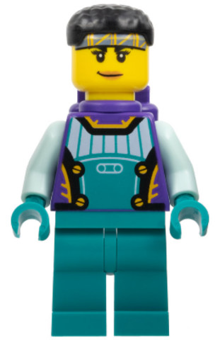 LEGO® Minifigurák cty1579 - Stuntz Driver - Female, Dark Purple and Dark Turquoise Race Suit with Light Aqua Arms, Dark Purple A