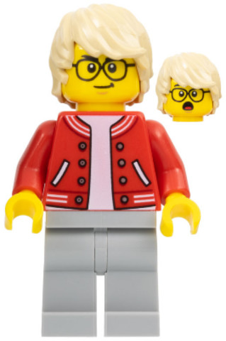 LEGO® Minifigurák cty1581 - Stuntz Photographer - Male, Red Jacket over White Shirt, Light Bluish Gray Legs, Tan Hair, Glasses