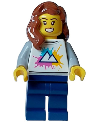 LEGO® Minifigurák cty1584 - Female - White Shirt with Mountains, Dark Blue Legs, Open Mouth, Reddish Brown Hair