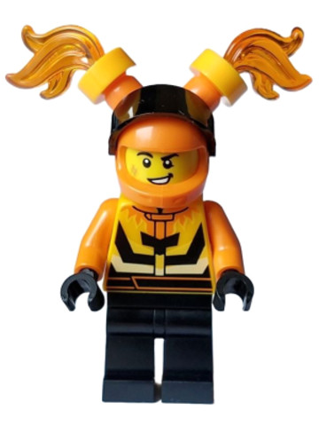 LEGO® Minifigurák cty1590 - Stuntz Driver - Male, Bright Light Orange and Black Jacket, Black Legs, Orange Helmet with Flames an