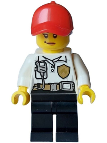 LEGO® Minifigurák cty1599 - Fire - Female, White Shirt with Fire Logo Badge and Belt, Black Legs, Red Cap with Ponytail, Smirk, 