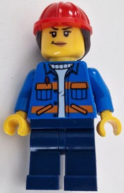 Construction Worker - Female, Blue Open Jacket with Pockets and Orange Stripes, Dark Blue Legs, Red 