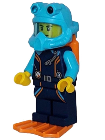 LEGO® Minifigurák cty1609 - Arctic Explorer Diver - Male, Dark Blue Diving Suit, Orange Air Tanks and Flippers, Medium Azure Hel
