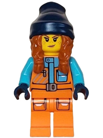 LEGO® Minifigurák cty1613 - Arctic Explorer - Female, Orange Jacket, Dark Orange Braids with Dark Blue Beanie, Freckles