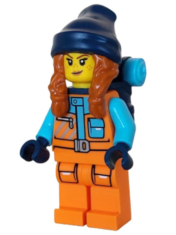 LEGO® Minifigurák cty1614 - Arctic Explorer - Female, Orange Jacket, Dark Orange Braids with Dark Blue Beanie, Freckles, Backpac