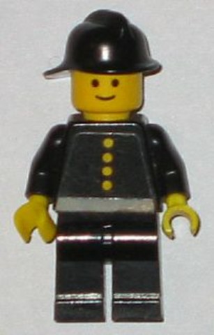 LEGO® Minifigurák fire005s - Tűzoltó fekete ruhában, matricás törzzsel - használt