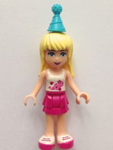 LEGO® Minifigurák frnd136 - Stephanie - Fehér Felsőben, Magenta Szoknyában és Középazur Party Sapkában 