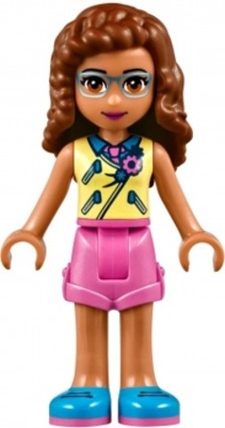 LEGO® Minifigurák frnd241 - Friends Olivia, Élénk sárga mellény azur mintával, Pink nyakkendő, Sötét Pink nadrág