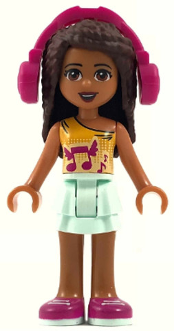 LEGO® Minifigurák frnd249 - Friends Andrea - Light Aqua Layered Skirt, Bright Light Orange Top with Winged Music Notes, Headphon