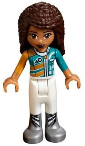 LEGO® Minifigurák frnd253 - Friends Andrea - White Trousers, Bright Light Orange and Dark Turquoise Racing Jacket