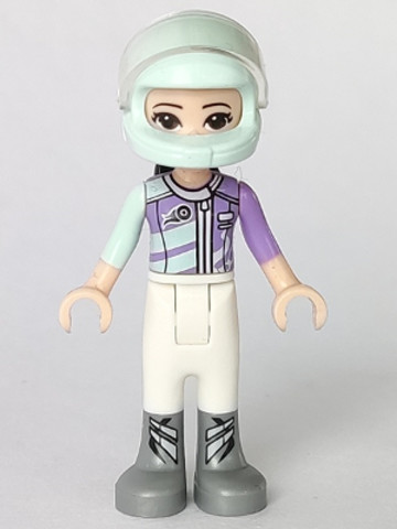 LEGO® Minifigurák frnd261 - Friends Emma - White Trousers, Light Aqua and Medium Lavender Racing Jacket, Light Aqua Racing Helme