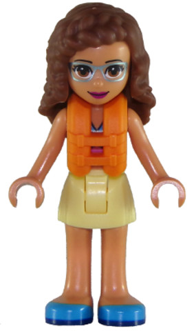 LEGO® Minifigurák frnd266 - Friends Olivia (Nougat) - Bright Light Yellow Skirt, Dark Pink and Dark Azure Swimsuit Top, Life Jac