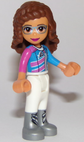LEGO® Minifigurák frnd269 - Friends Olivia (Nougat) - White Trousers, Dark Pink and Dark Azure Racing Jacket