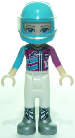 LEGO® Minifigurák frnd277 - Friends Stephanie - White Trousers, Medium Azure and Magenta Racing Jacket, Helmet