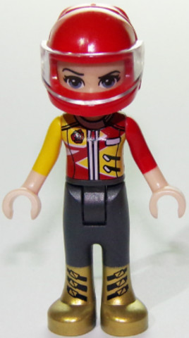 LEGO® Minifigurák frnd278 - Friends Vicky - Trousers with Gold Boots, Red and Yellow Racing Jacket, Helmet