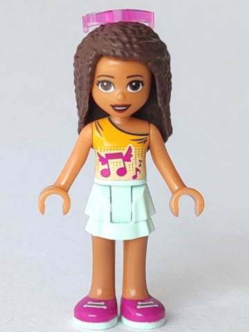 LEGO® Minifigurák frnd282 - Friends Andrea - Light Aqua Layered Skirt, Bright Light Orange Top with Winged Music Notes, Sunglass