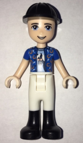 LEGO® Minifigurák frnd286 - Friends Zack - White Riding Pants, Blue Shirt over Medium Blue T-Shirt, Black Construction Helmet