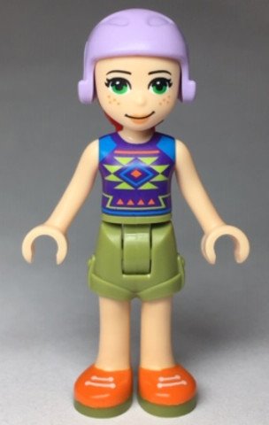 LEGO® Minifigurák frnd291 - Friends Mia - Olive Green Shorts, Dark Purple Top with Diamonds and Triangles, Lavender Ski Helmet w
