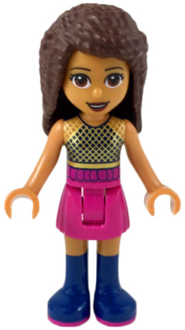 LEGO® Minifigurák frnd296 - Friends Andrea - Dark Pink Skirt, Black Top with Gold Mesh