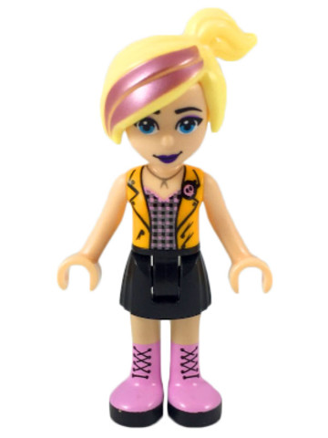 LEGO® Minifigurák frnd297 - Friends Chloe - Black Skirt, Silver Top with Black and Bright Pink Squares, Bright Light Orange Vest