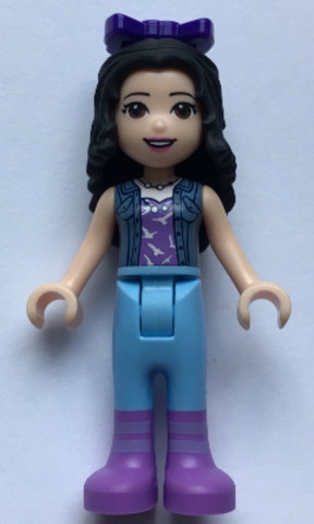 LEGO® Minifigurák frnd329 - Friends Emma - Medium Lavender Top with White Birds, Sand Blue Vest, Medium Light Blue Trousers, Bow