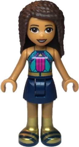 LEGO® Minifigurák frnd346 - Friends Andrea - Dark Turquoise Halter Top with Magenta Stripes and Dots, Dark Blue Skirt, Gold Boot