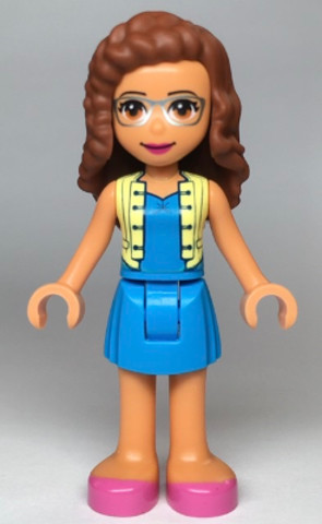 LEGO® Minifigurák frnd351 - Friends Olivia (Nougat) - Dark Azure Skirt and Top with Bright Light Yellow Vest, Dark Pink Shoes