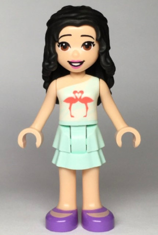 LEGO® Minifigurák frnd360 - Friends Emma - Light Aqua Layered Skirt, White and Light Aqua Top with Coral Flamingo Birds