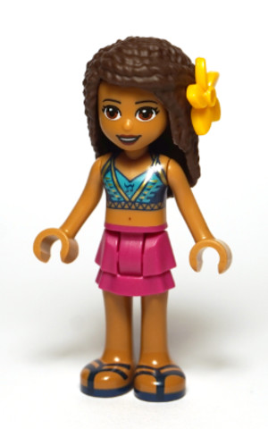 LEGO® Minifigurák frnd365 - Friends Andrea - Magenta Layered Skirt, Dark Blue Halter Top with Gold Trim, Flower