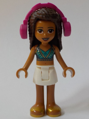 LEGO® Minifigurák frnd383 - Friends Andrea - White Skirt, Dark Blue Halter Top with Gold Trim, Headphones