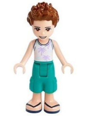 LEGO® Minifigurák frnd385 - Friends Ethan - Dark Turquoise Shorts, White Top with Palm Trees