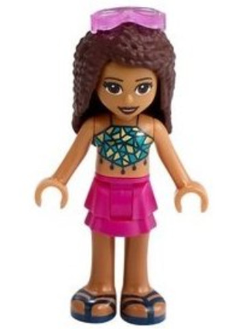 LEGO® Minifigurák frnd386 - Friends Andrea - Magenta Layered Skirt, Dark Turquoise and Gold Top, Sunglasses