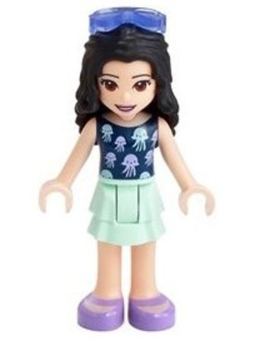 LEGO® Minifigurák frnd387 - Friends Emma - Light Aqua Layered Skirt, Dark Blue Top with Jellyfish, Trans-Purple Sunglasses