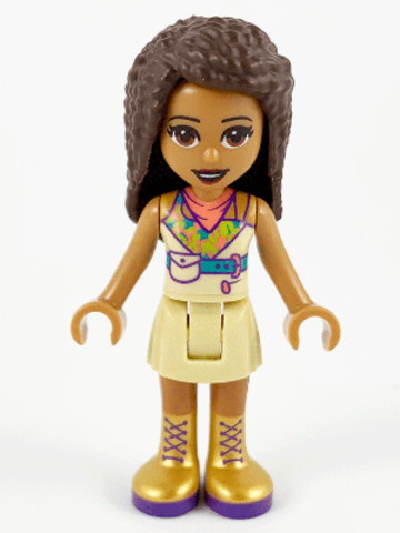 LEGO® Minifigurák frnd392 - Friends Andrea - Tan Skirt, Coral, Lime and Medium Azure Top, Gold Boots