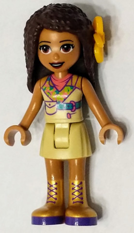 LEGO® Minifigurák frnd394 - Friends Andrea - Tan Skirt, Coral, Lime and Medium Azure Top, Gold Boots, Flower