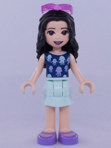 LEGO® Minifigurák frnd407 - Friends Emma - Light Aqua Layered Skirt, Dark Blue Top with Jellyfish, Trans-Dark Pink Sunglasses