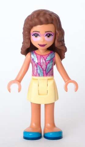 LEGO® Minifigurák frnd439 - Friends Olivia (Nougat) - Bright Light Yellow Skirt, Dark Pink Top with Feathers, Bright Pink Tinted