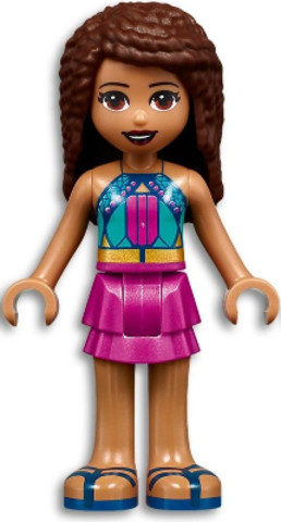 LEGO® Minifigurák frnd444 - Friends Andrea - Dark Turquoise Halter Top with Magenta Stripes and Dots, Magenta Skirt