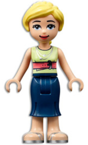 LEGO® Minifigurák frnd461 - Friends Marisa - Dark Blue Skirt, Yellowish Green Shirt with Coral Belt, Silver Sandals