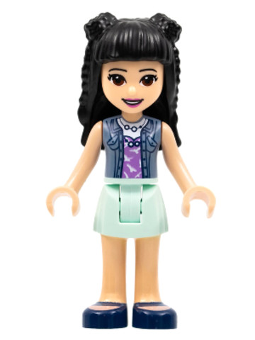 LEGO® Minifigurák frnd482 - Friends Emma, Aqua Skirt, Sand Blue Vest, Black Hair with Braid Buns and Flower