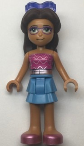 LEGO® Minifigurák frnd503 - Friends Layla, Medium Blue Skirt, Dark Pink Top with Metallic Pink Belt, Sunglasses