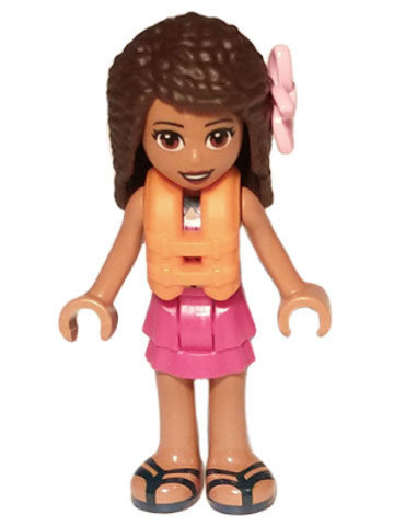 LEGO® Minifigurák frnd505 - Friends Andrea, Dark Turquoise Halter Top, Magenta Skirt, Orange Life Jacket, Bright Pink Flower