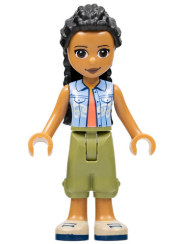 LEGO® Minifigurák frnd528 - Friends Dr. Makena - Olive Green Trousers, Tan Shoes, Bright Light Blue Vest over Coral Shirt